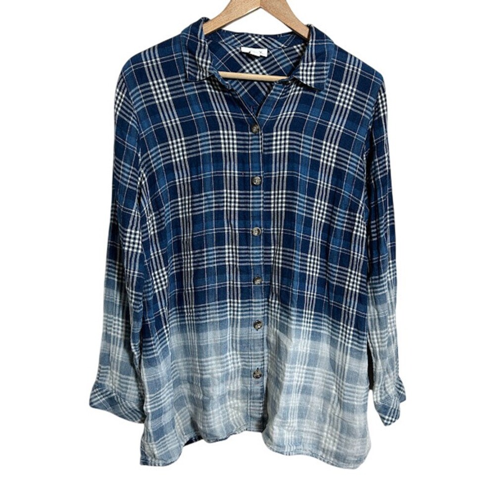 J Jill Plaid Ombre Button Down Tunic Shirt L Blue Dyed Long Sleeve 100% Cotton
